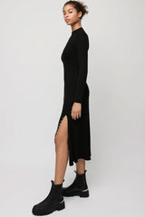 Long Sleeve High Neck High Slit Cashmere Sweater Midi Dress - Black