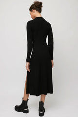 Long Sleeve High Neck High Slit Cashmere Sweater Midi Dress - Black