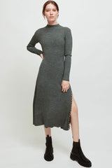 Long Sleeve High Neck High Slit Cashmere Sweater Midi Dress - Gray