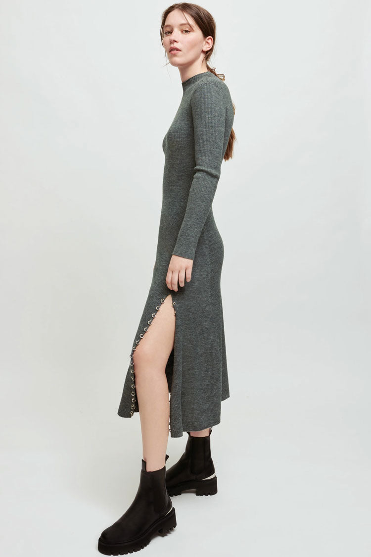 Long Sleeve High Neck High Slit Cashmere Sweater Midi Dress - Gray