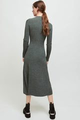 Long Sleeve High Neck High Slit Cashmere Sweater Midi Dress - Gray