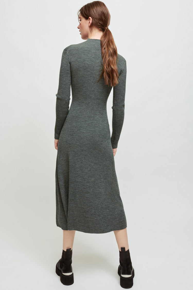 Long Sleeve High Neck High Slit Cashmere Sweater Midi Dress - Gray