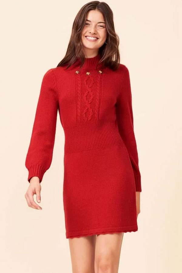 Long Sleeve High Neck Winter French Sweater Mini Dress - Red