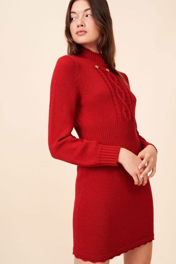 Long Sleeve High Neck Winter French Sweater Mini Dress - Red