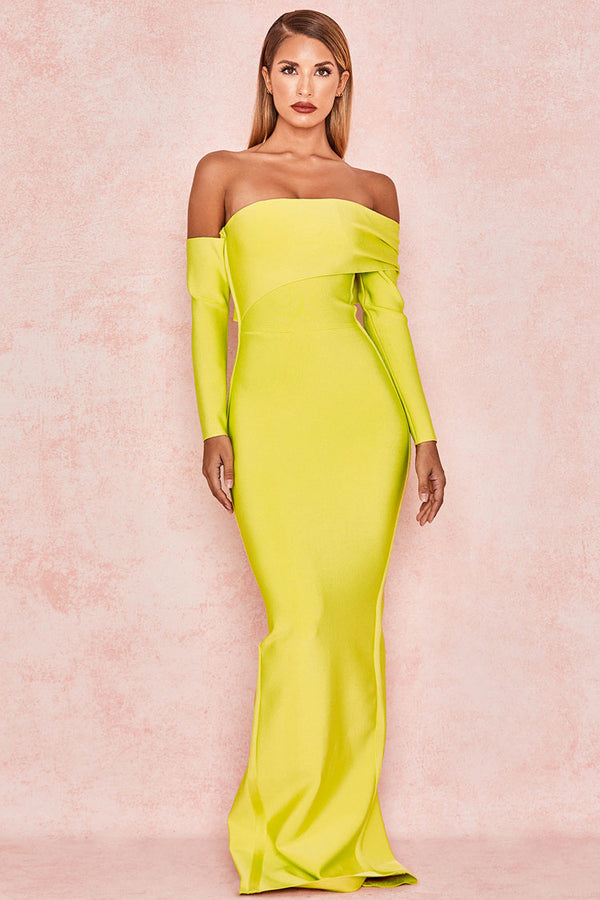 Long Sleeve Off Shoulder Slit Bandage Maxi Prom Formal Dress - Yellow