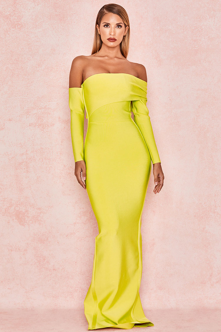 Long Sleeve Off Shoulder Slit Bandage Maxi Prom Formal Dress - Yellow