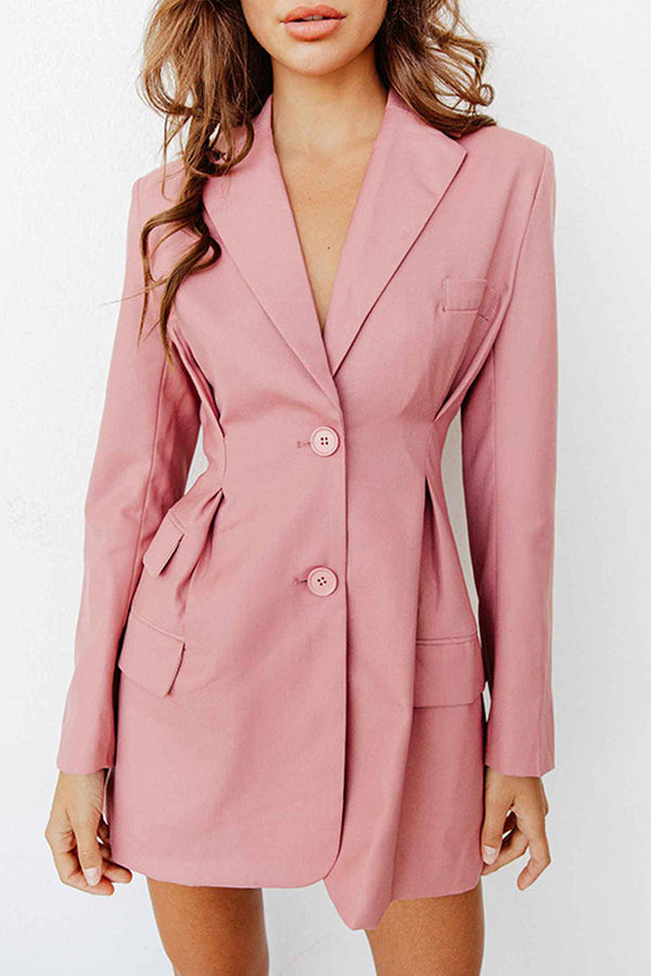 Long Sleeve Pleated Waist Lapel V Neck Mini Blazer Dress - Pink