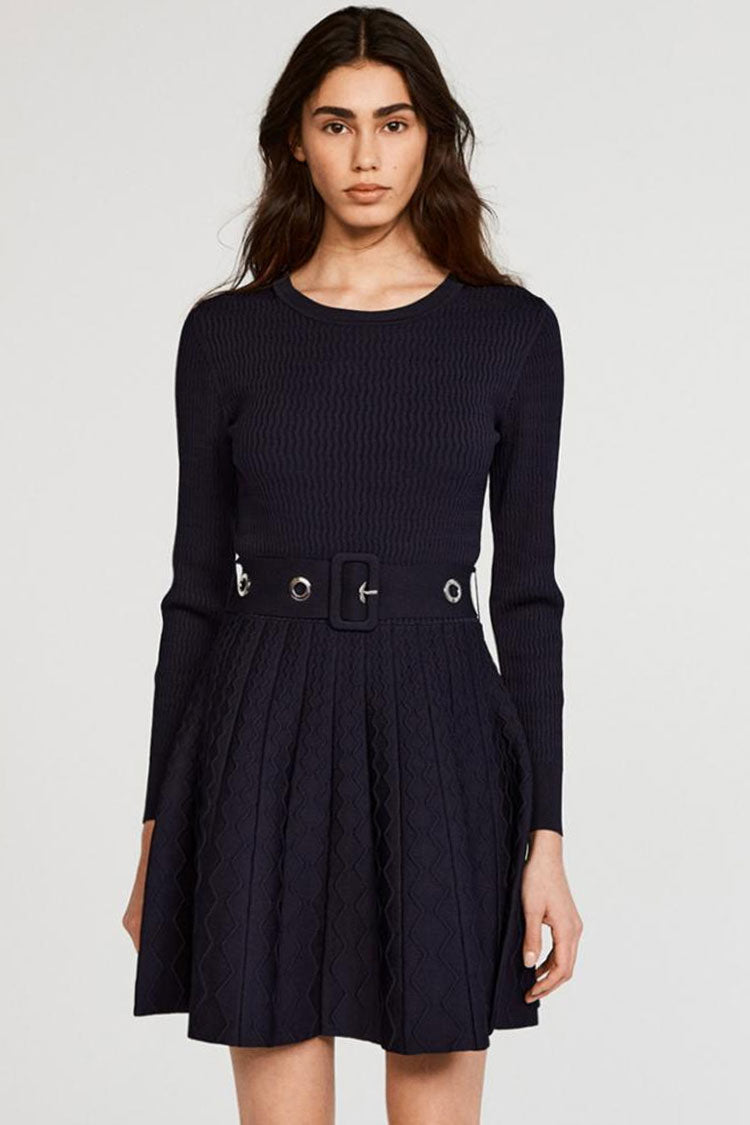 Long Sleeve Ribbed Sweater Winter Skater Mini Dress - Navy Blue