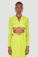Long Sleeve Rope Wrap Top Split Skirt Two Piece Midi Dress - Lime Green