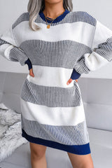 Long Sleeve Textured Striped Knit Winter Sweater Mini Dress - Royal Blue