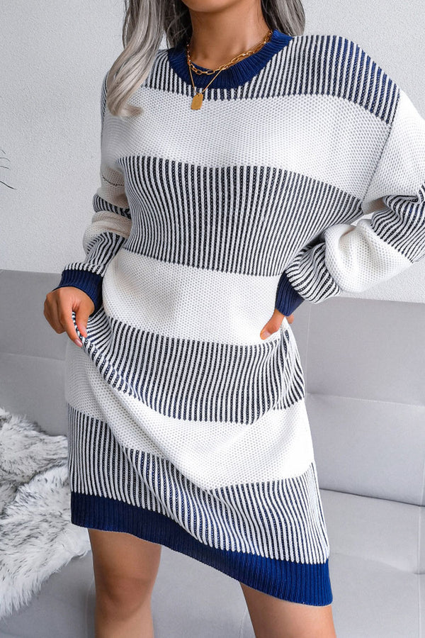 Long Sleeve Textured Striped Knit Winter Sweater Mini Dress - Royal Blue