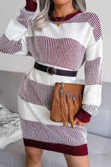 Long Sleeve Textured Striped Knit Winter Sweater Mini Dress - Wine Red