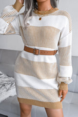 Long Sleeve Textured Striped Knit Winter Sweater Mini Dress - Khaki