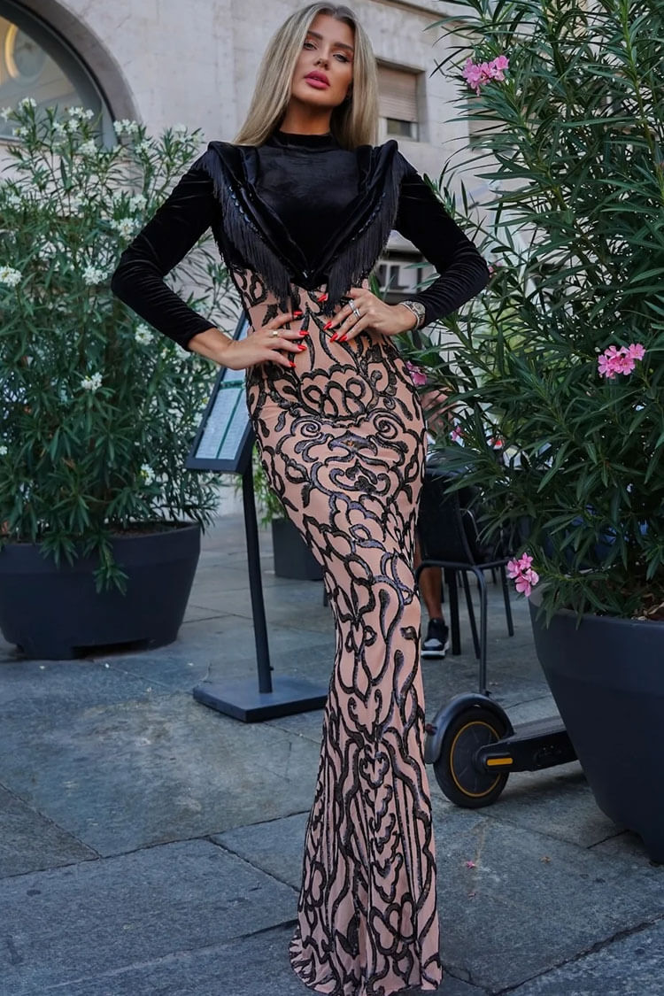 Luxury Fringe Long Sleeve Fishtail Sequin Embellished Maxi Dress - Black