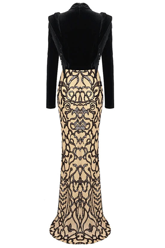 Luxury Fringe Long Sleeve Fishtail Sequin Embellished Maxi Dress - Black