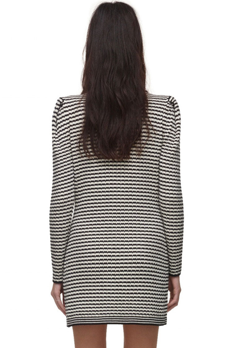 Luxury Long Sleeve Bow V Neck Winter Sweater Mini Dress - Stripe
