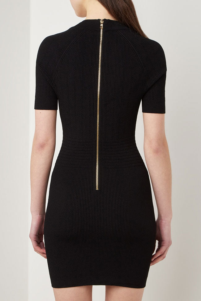 Luxury Metal Button Short Sleeve Bodycon Sweater Mini Dress - Black