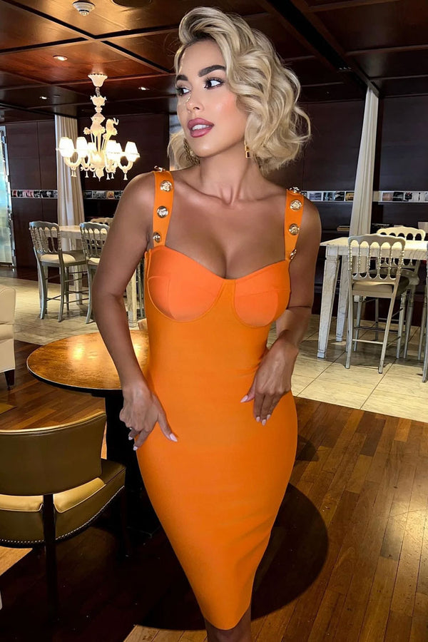 Metallic Bicolor Bustier Bandage Sleeveless Midi Dress - Burnt Orange