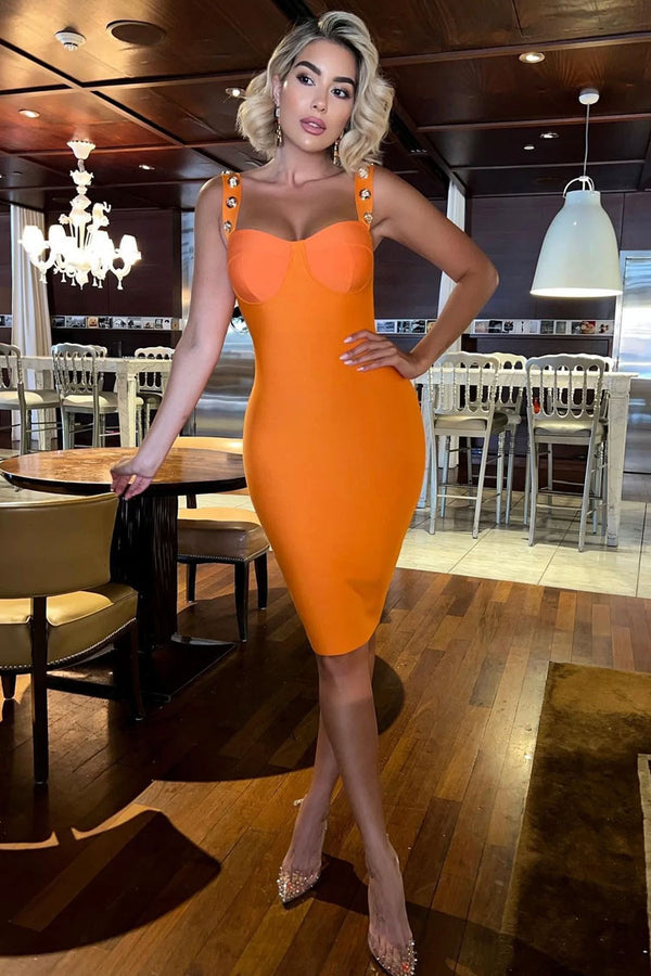 Metallic Bicolor Bustier Bandage Sleeveless Midi Dress - Burnt Orange