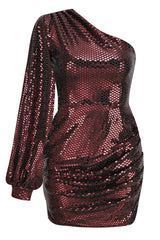 Metallic Bishop Sleeve One Shoulder Ruched Party Mini Dress - Wine Red