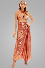Metallic Halter Neck Buckle Trim Cutout Split Maxi Dress - Rose Gold