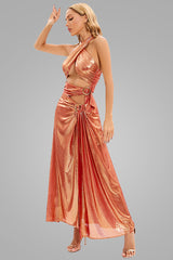Metallic Halter Neck Buckle Trim Cutout Split Maxi Dress - Rose Gold
