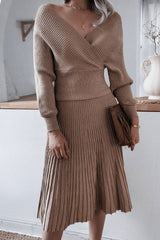 Metallic Lurex Rib Knit Off Shoulder Sweater Two Piece Midi Dress - Coffee
