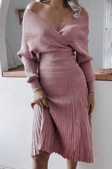 Metallic Lurex Rib Knit Off Shoulder Sweater Two Piece Midi Dress - Dusty Pink