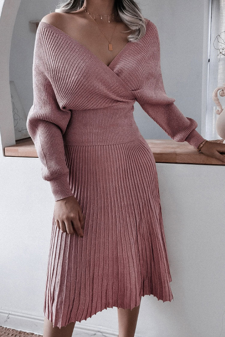 Metallic Lurex Rib Knit Off Shoulder Sweater Two Piece Midi Dress - Dusty Pink