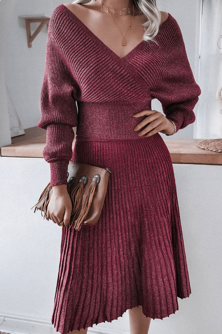 Metallic Lurex Rib Knit Off Shoulder Sweater Two Piece Midi Dress - Burgundy