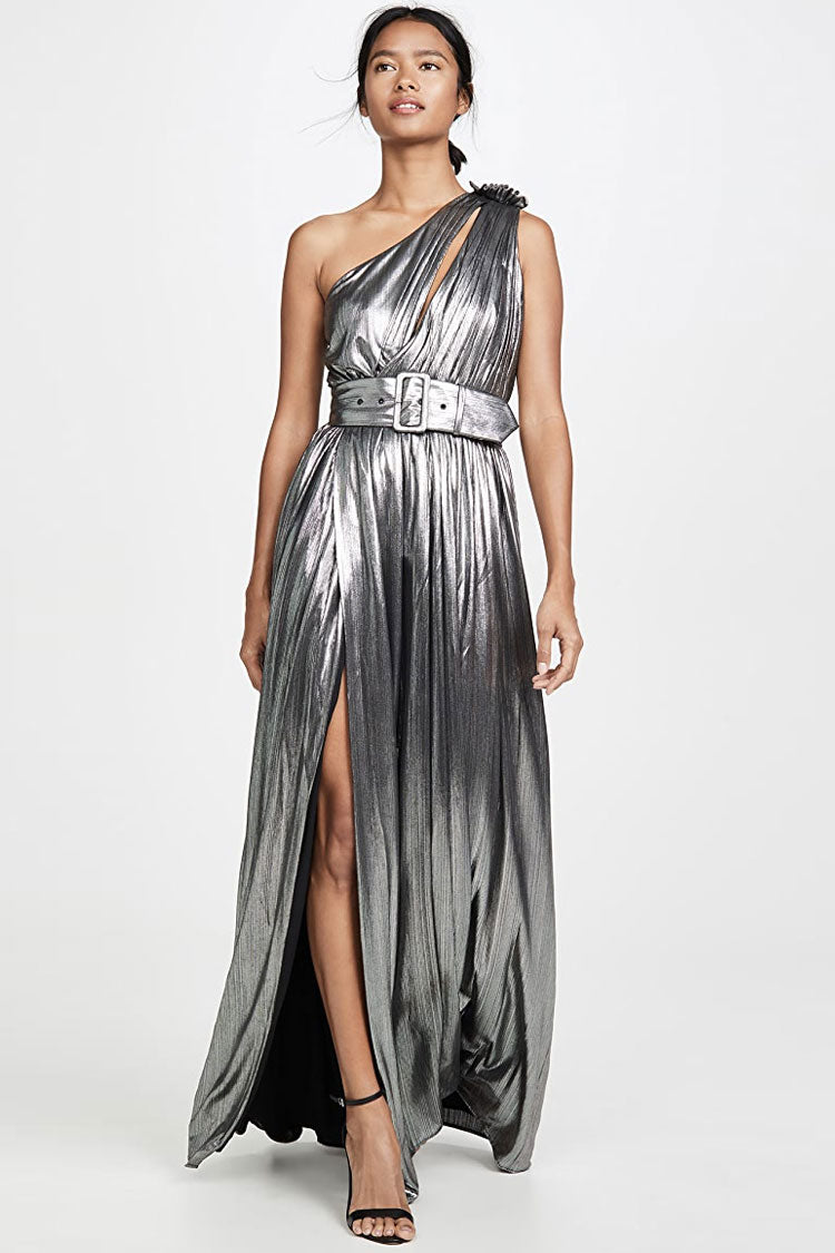 Metallic One Shoulder Cutout High Slit Maxi Evening Dress - Silver