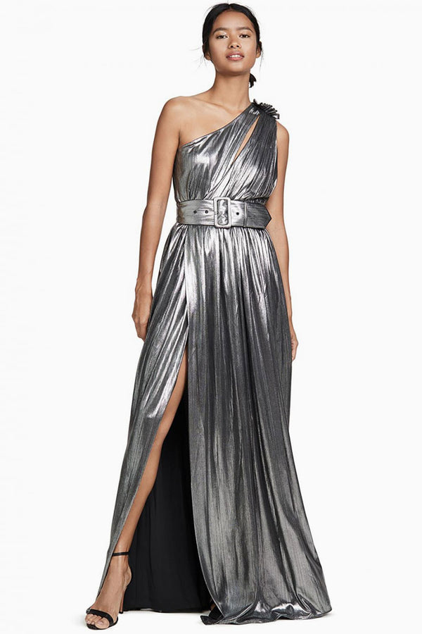 Metallic One Shoulder Cutout High Slit Maxi Evening Dress - Silver