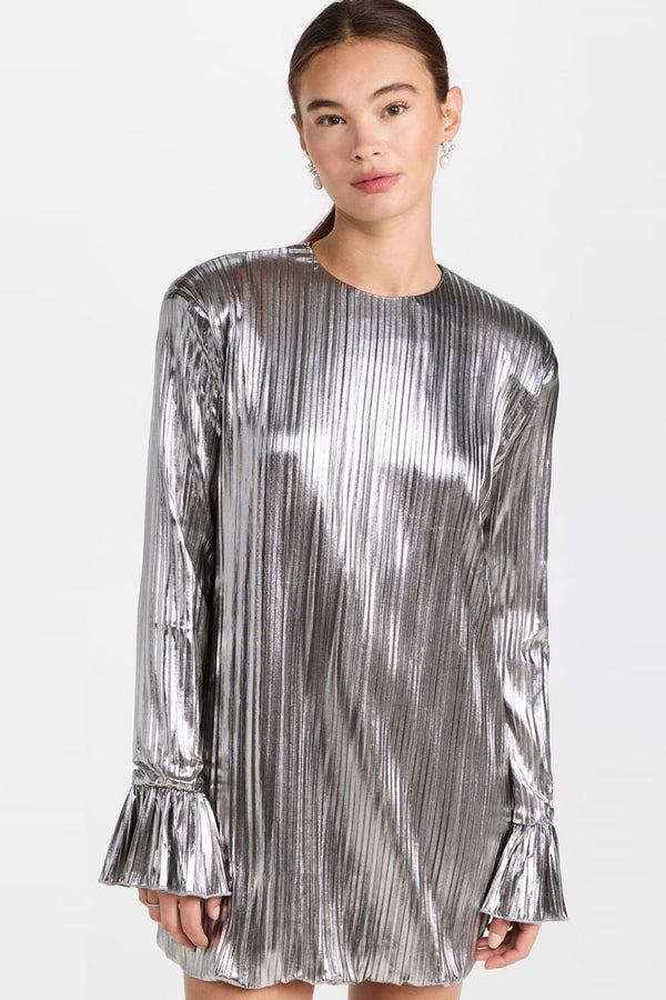 Metallic Shoulder Pad Long Sleeve Shift Pleated Mini Dress - Silver