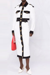 Military Metal Button Contrast Denim Jacket Midi Skirt Two Piece Dress - White
