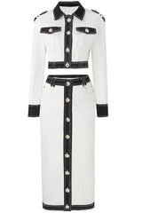 Military Metal Button Contrast Denim Jacket Midi Skirt Two Piece Dress - White