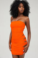 Sexy Strapless Cutout Ruched Bodycon Mesh Mini Dress - Burnt Orange
