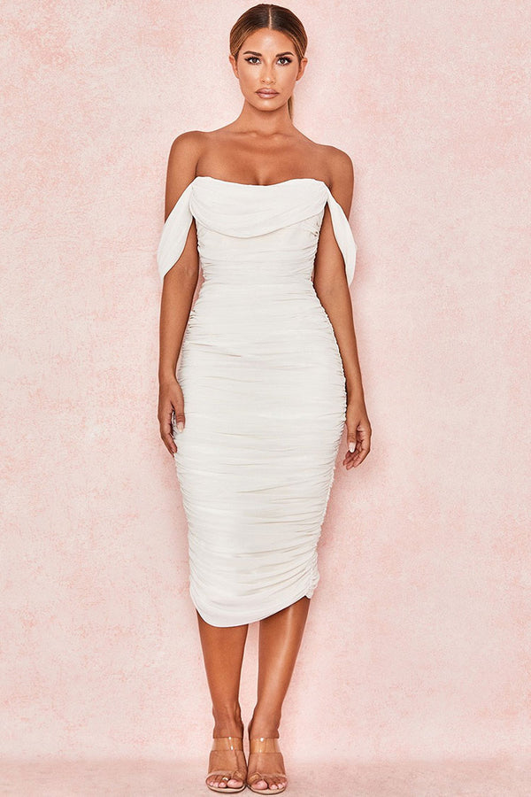 Off Shoulder Ruched Bodycon Cocktail Party Dress - White – Rosedress