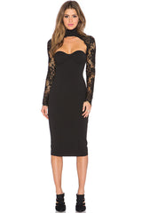 Office Lace Long Sleeve High Neck Cutout Bandage Midi Dress - Black