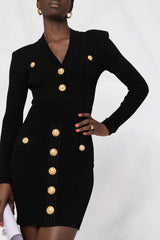 OL Button Trim Long Sleeve Winter Ribbed Sweater Mini Dress - Black