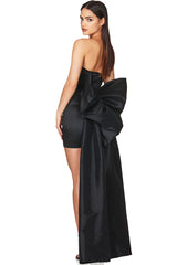 Oversized Bow Back Satin Ruched Strapless Party Mini Dress - Black