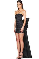 Oversized Bow Back Satin Ruched Strapless Party Mini Dress - Black