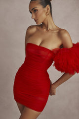 Oversized Ruffle Sleeve Strapless Ruched Mesh Bodycon Mini Dress - Red