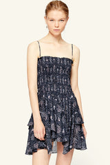 Paisley Floral Tiered Ruffle French Slip Mini Dress - Navy Blue