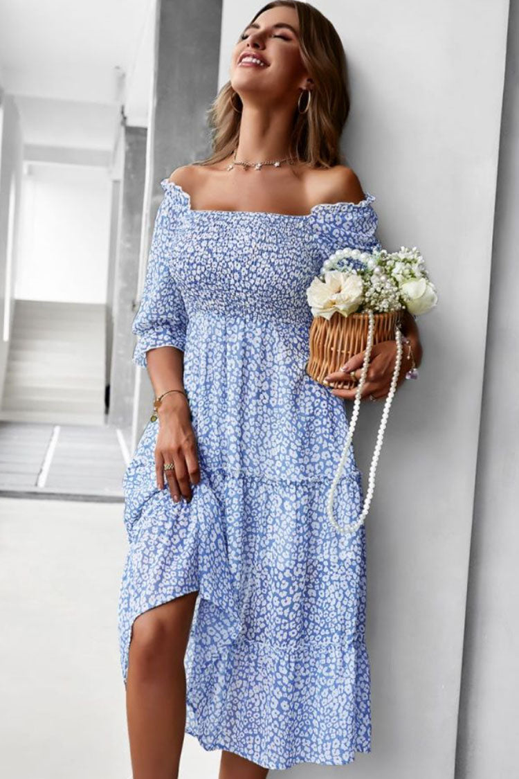 Prairie Off Shoulder Smocked Floral Printed Boho Chic Midi Dress - Blue