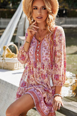 Prairie Tie Neck Half Button Floral Printed Boho Chic Mini Dress - Pink