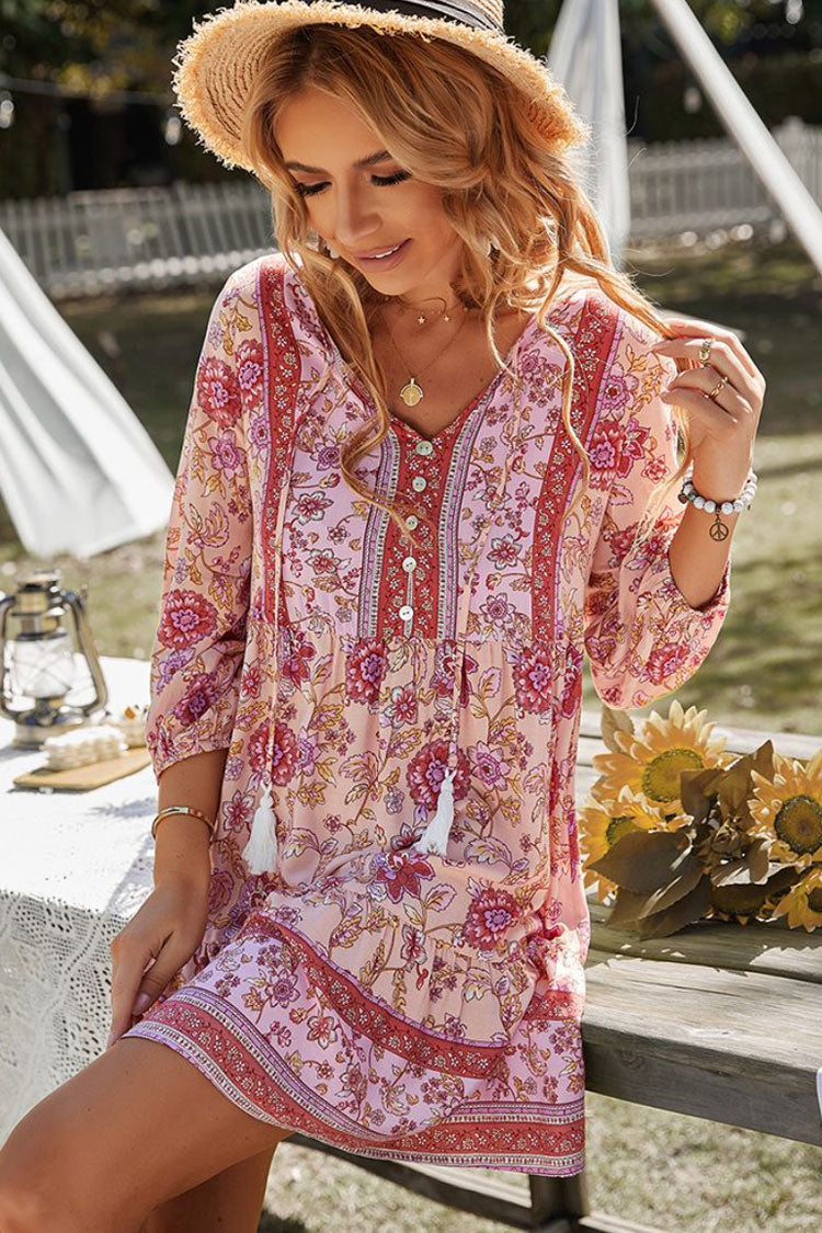 Prairie Tie Neck Half Button Floral Printed Boho Chic Mini Dress - Pink