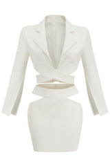 Puff Sleeve Cutout Wrap Front Blazer Mini Two Piece Dress - White