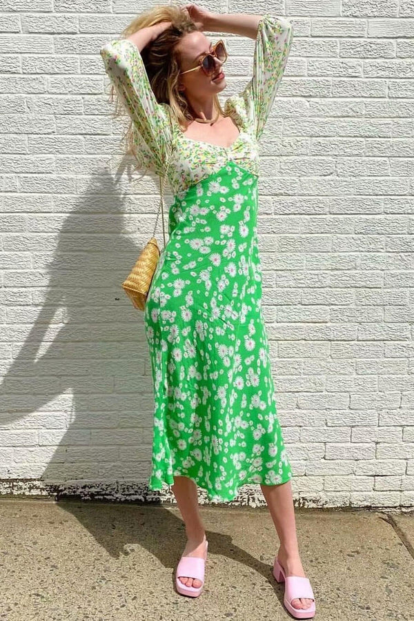 Puff Sleeve Ditsy Floral Patchwork Printed Midi Dress - Green