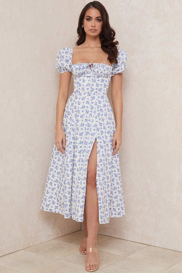 Puff Sleeve Ditsy Floral Tie Front High Slit Midi Dress - Blue