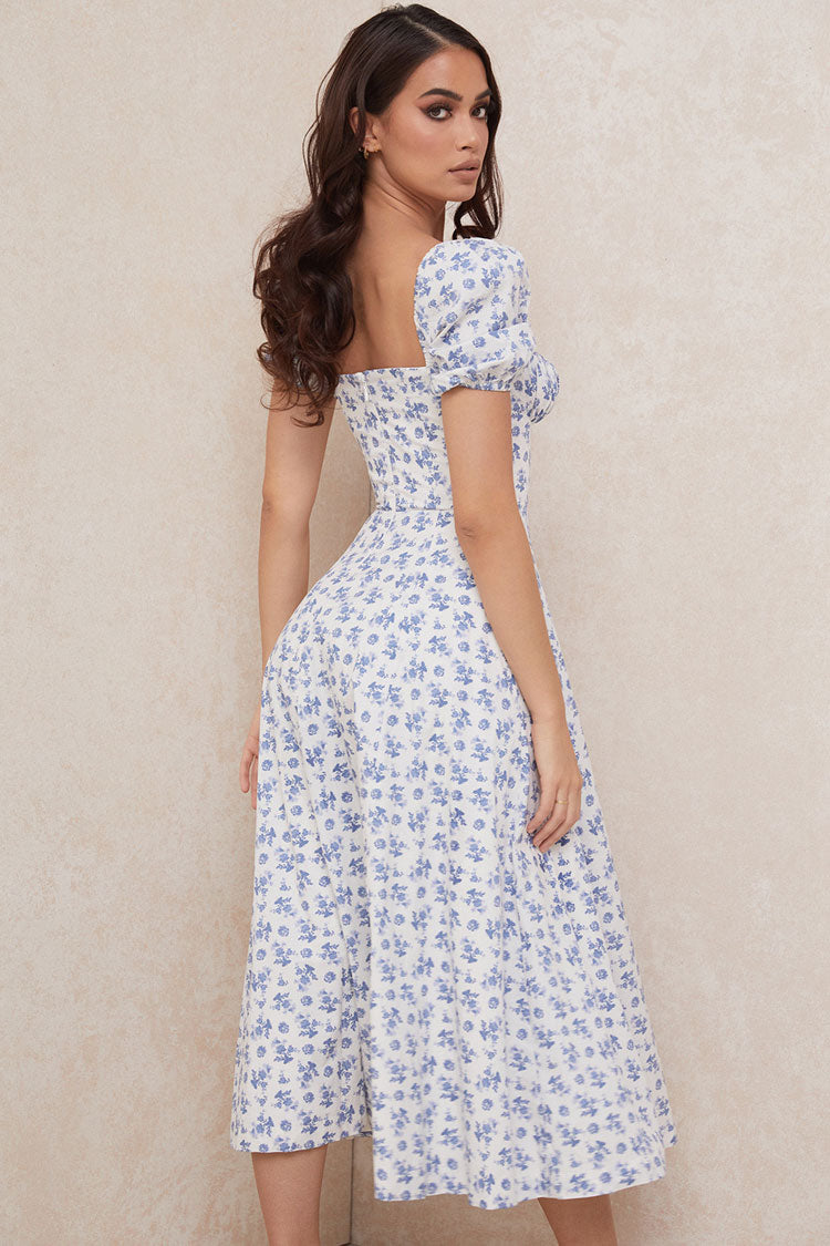 Puff Sleeve Ditsy Floral Tie Front High Slit Midi Dress - Blue